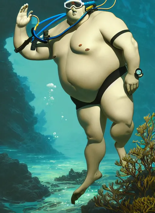 Image similar to underwater scuba diver eric pickles, natural lighting, path traced, highly detailed, high quality, digital painting, by don bluth and ross tran and studio ghibli and alphonse mucha, artgerm