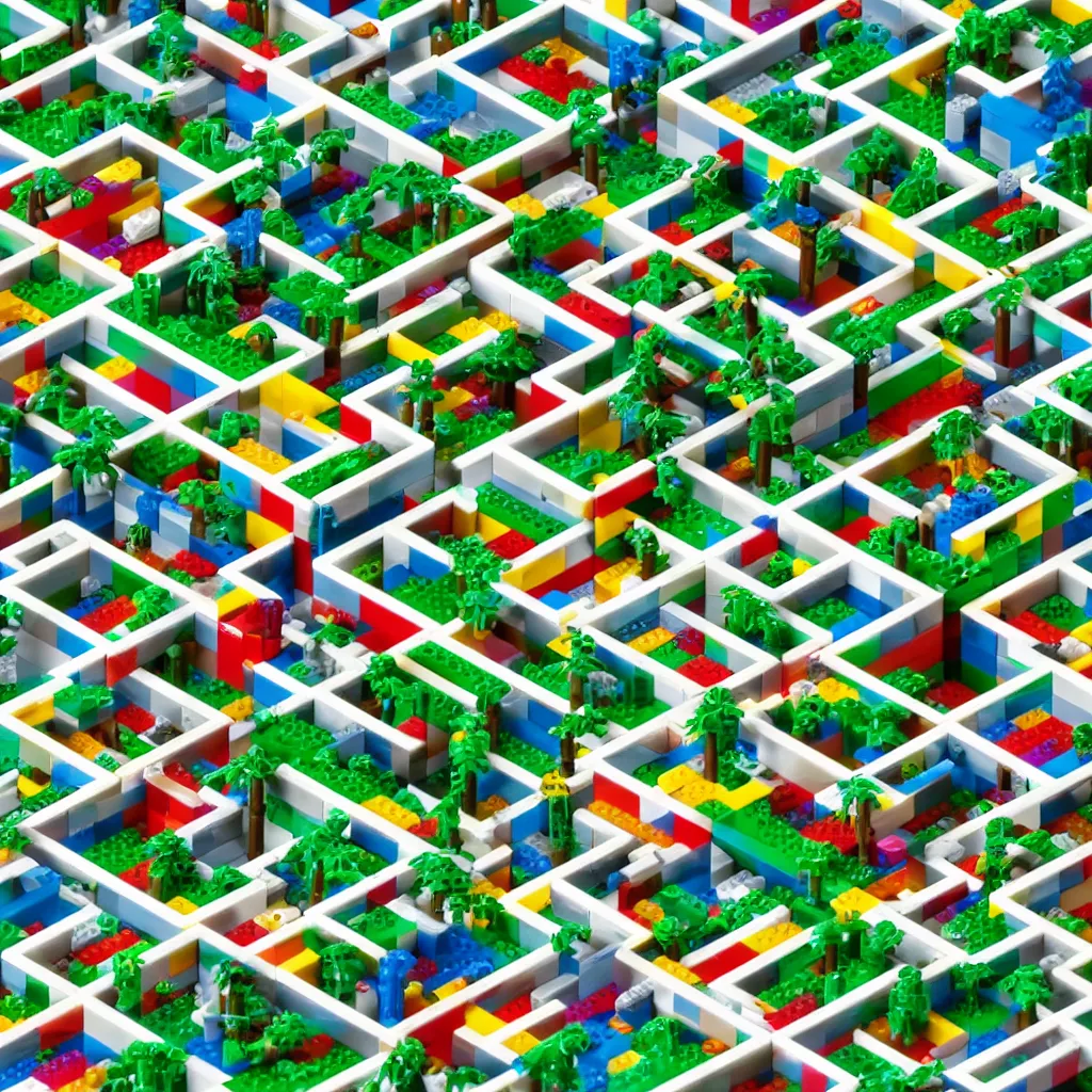 Prompt: wimmelbilder maze made of lego, isometric, octane render, Lego palm trees, unreal engine