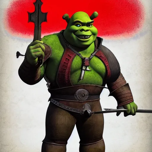 Prompt: shrek wearing black knights armor evil red eyes two handed sword ominous, highly detailed, ultrarealistic