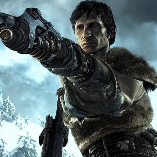 Image similar to todd howard pointing a gun towards the camera and forcing you to buy skyrim, threatening, sharp, cinematic, colorful, digital, neon, bright, cyberpunk