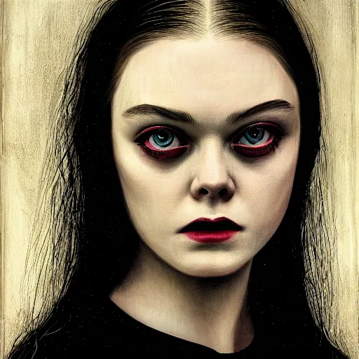 Prompt: a striking esoteric painting of Elle Fanning, dark, metal, black background, occult, by John Waterhouse