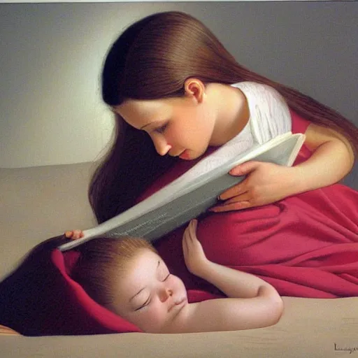 Prompt: sleepy little cute girl and her mother sings lullabies for her by David Ligare