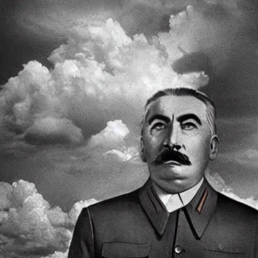 Image similar to Joseph Stalin in heaven meeting god, photography, clouds, beautiful,