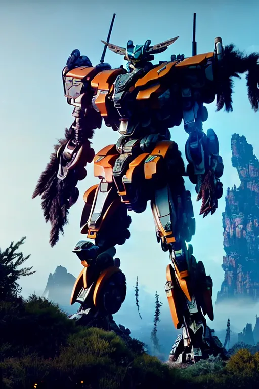 Image similar to a cinematic still from horizon zero dawn and pacific rim and westworld, full body mech, gundam, intact humanoid servo, octane render, nvidia raytracing demo, masterpiece, aged armor plating, decipticon armor plating, aggressive head, endoekeleton exposure