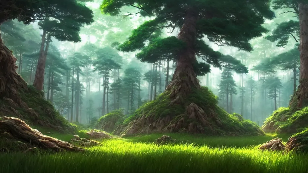 Image similar to forest clearing landscape, studio ghibli, pixar and disney animation, sharp, rendered in unreal engine 5, highly detailed, digital painting, artstation, concept art, smooth, sharp focus, illustration, wide angle, artbook, wallpaper, splash art, promo art, dramatic lighting, art by artgerm and greg rutkowski and bo chen and jin xiaodi