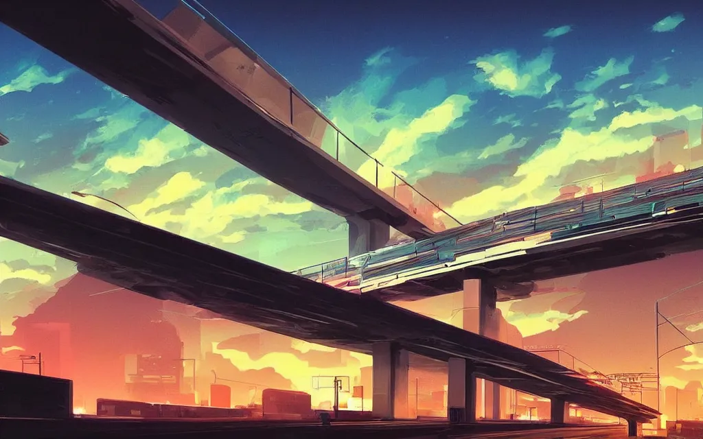 Prompt: highway overpass rubble decay urban neon futuristic cyberpunk vaporwave tron glow sunset clouds sky illustration concept art by syd mead