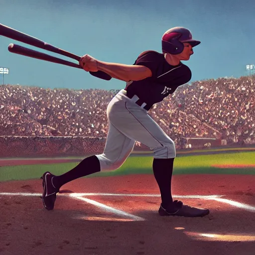 Image similar to baseball player hitting the ball with the baseball bat in the middle of the game and in front of everyone in the stadium, james gurney painting style, greg rutkowski, artstation, octane render, unreal engine 5