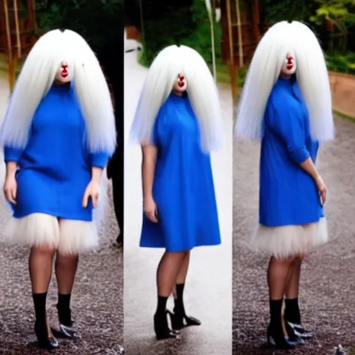 Image similar to Sia furler photoshoot wearing a dress full body puffy wig