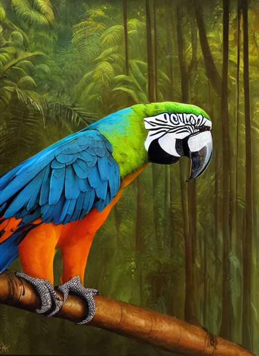 Prompt: a beautiful painting portrait of a macaw in the amazon jungle, matte painting, fantasy art, ayahuasca, highly detailed