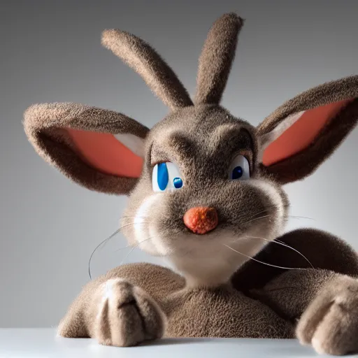 Image similar to A full portrait photo of real-life bugs bunny, f/22, 35mm, 2700K, lighting.