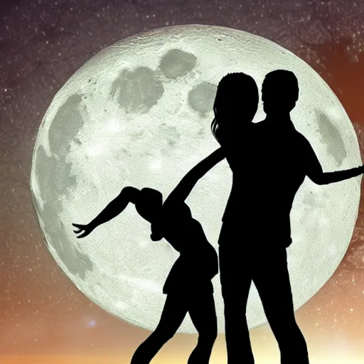 Image similar to the background is a huge moon. in the night environment, a man jumps into the air with a woman in his arms. in the middle of the moon are very little two figures in black silhouettes.