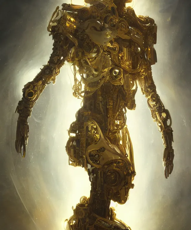 Image similar to a 4k cinematic full view ethereal android wearing intricate mecha gilded cyberpunk bone crown ivory , Unreal Engine 5, God Rays, Lumen, by Peter Mohrbacher, by Ruan Jia, by Greg Rutkowski, by Leonardo Da Vinci, detailed and realistic, poetic and symbolic, rule of thirds, golden ratio, Trending on Artstation