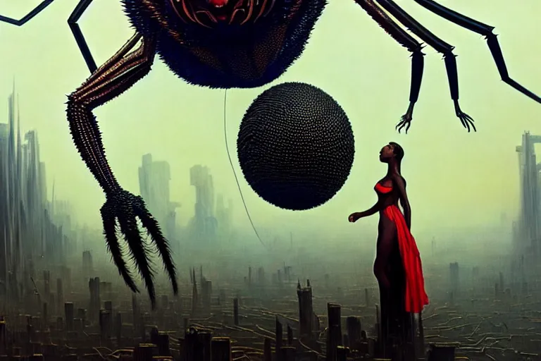 Image similar to realistic detailed portrait movie shot of a beautiful black woman riding a giant spider, dystopian city landscape background by denis villeneuve, amano, yves tanguy, alphonse mucha, max ernst, kehinde wiley, jean delville, david lynch, roger dean, cyber necklace, rich moody colours, sci fi patterns, dramatic, wide angle