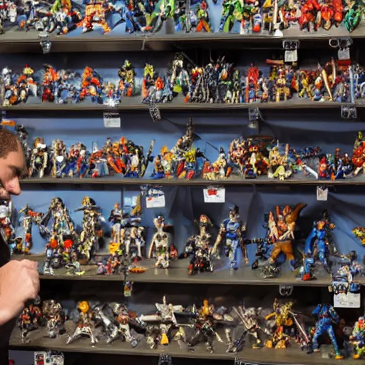 Prompt: « a man looking at his collection of hundreds of action figure toys »