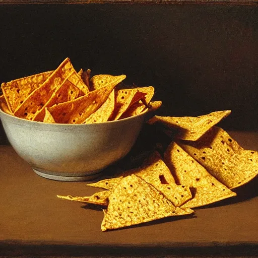 Image similar to Realistic still life of a bowl of doritos, mountain dew, by Fantin-Latour, 1866,