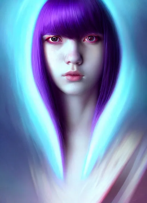 Image similar to hair whitebangs hair, black hair, whitebangs, portrait of teenage girl with white bangs, red irises, purple clothes, white bangs, bangs are different color from hair, intricate, elegant, glowing lights, highly detailed, digital painting, artstation, concept art, smooth, sharp focus, illustration, art by wlop, mars ravelo and greg rutkowski