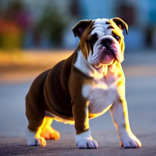 Prompt: a bulldog puppy at golden hour, bokeh, 3 2 megapixel