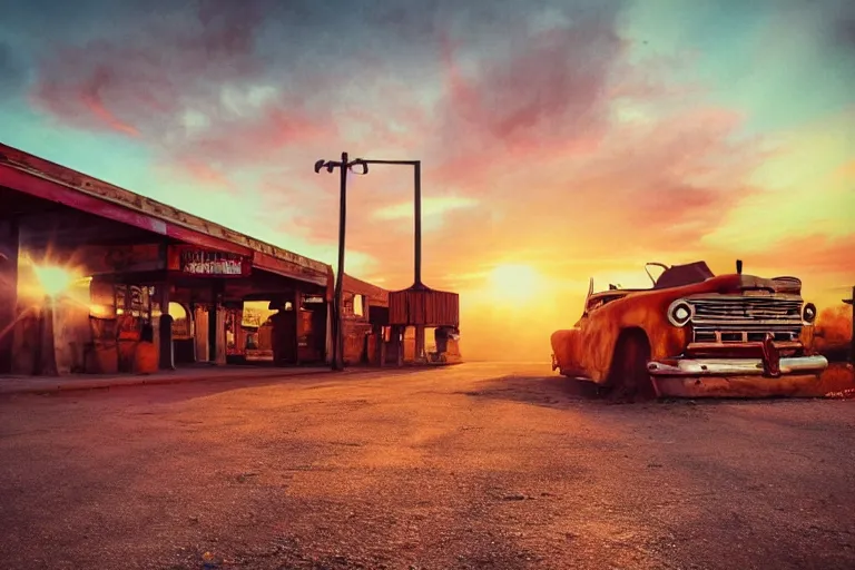 Image similar to a sunset light landscape with historical route 6 6, lots of sparkling details and sun ray ’ s, blinding backlight, smoke, volumetric lighting, colorful, octane, 3 5 mm, abandoned gas station, old rusty pickup - truck, beautiful epic colored reflections, very colorful heavenly, softlight