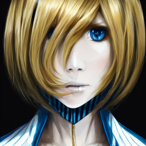 Prompt: profile shot of rimuru tempest, sky blue straight hair, long bangs, gold eyes, wearing a black jacket with white stripes, high collar, ultra detailed, digital painting, cinematic, wlop, artgerm, pixiv, yoshitaka amano, vintage footage, black and white, ilya kuvshinov, andy warhol