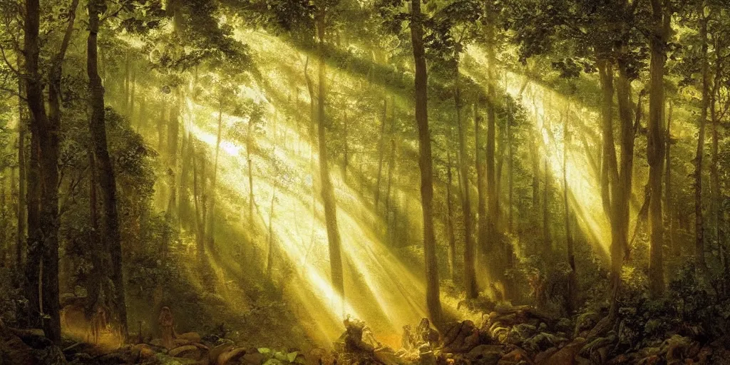 Image similar to a bright oil painting of a forest with rays of light coming through the canopy; masterpiece; extremely-detailed; by Carravaggio