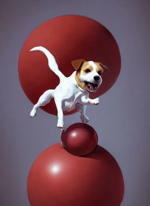 Image similar to adorable jack russel terrier jumping over a red exercise ball, fantasy art, artstation character design contest winner, trending on cgsociety, concept art, speedpaint, beautiful digital art, jesper ejsing, james jean, justin gerard, fenghua zhong, makoto shinkai, highly detailed