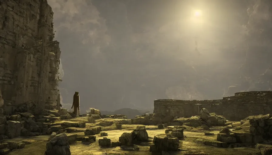 Image similar to a land of ruins of lost civilization with a distant fort in the middle, pure gold pillars, water tunnels below and a magical time gate to another dimension, a man wearing a white robe standing watching over, dramatic lighting, dawn, by caspar david friedrich, unreal engine 5