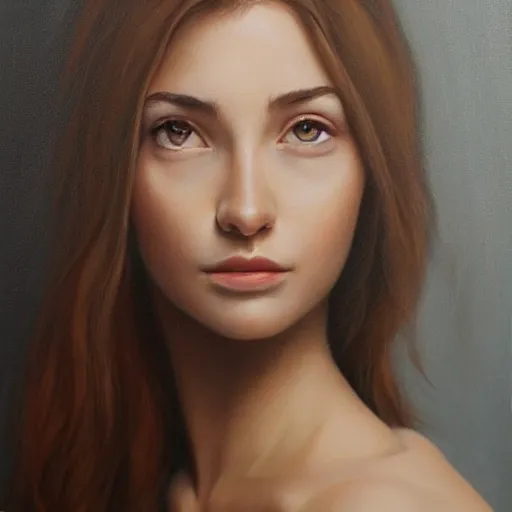 Image similar to realistic portrait beautiful painting leaning to the right, a woman about 2 0 - 2 5 years old, with average body proportions. photorealistic, good lighting, trendy, trending on artstation, smooth draw, sharp focus, trending on deviantart.