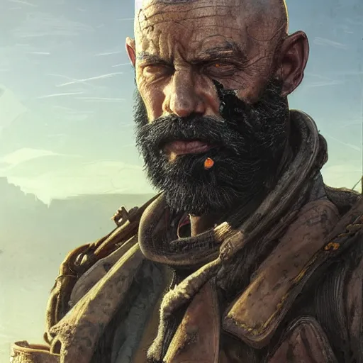 Prompt: portrait painting of a post apocalyptic man, bald, black beard, handsome, desert rander, ultra realistic, concept art, intricate details, eerie, highly detailed, fallout, wasteland, photorealistic, octane render, 8 k, unreal engine 5. art by artgerm and greg rutkowski and alphonse mucha