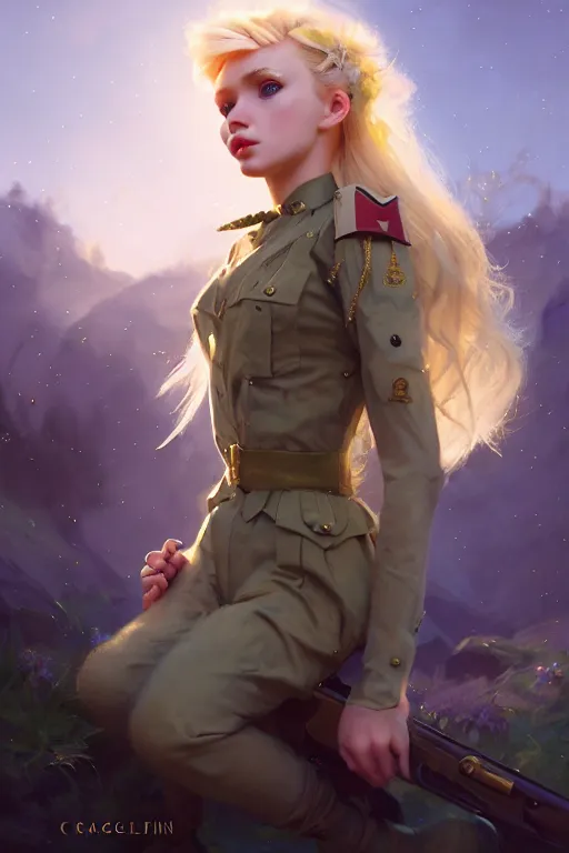 Image similar to cinematic shot of an epic portrait of a cute blonde fairy dressed in military clothes, stylised military clothes, shiny skin, beautiful eyes, beautiful, small details, night setting, realistic poster with volumetric light from craig mallism, artgerm, jeremy lipkin and michael garmash, unreal engine, radiant light, digital art, trends at art station, a masterpiece