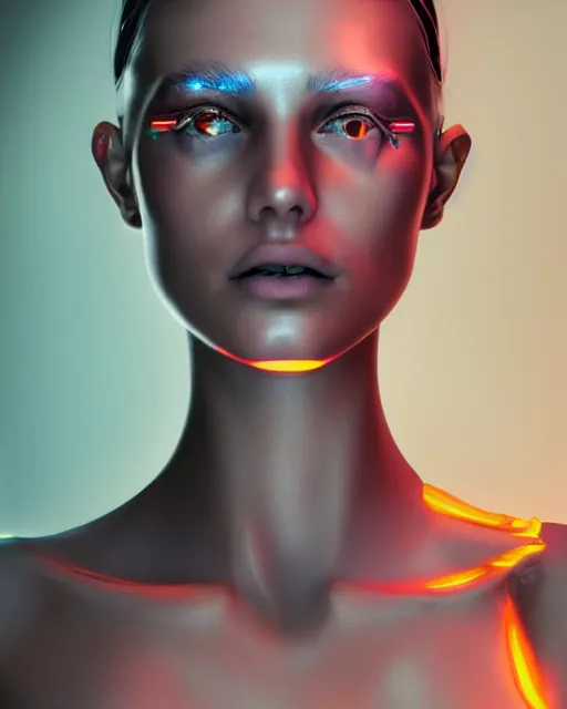 Image similar to fashion portrait, most beautiful girl in the world, glowing cybernetic augments, hyperrealism, year 2447, cdx