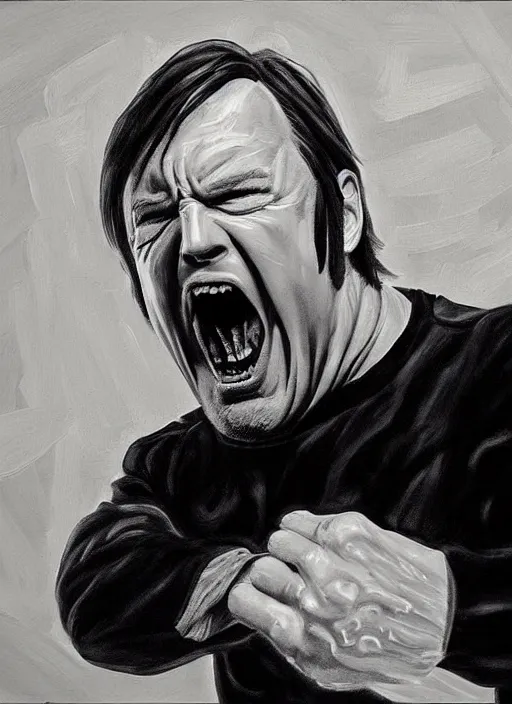 Image similar to painting by jon hale!! of gene takovic from better call saul, black and white, monochromatic, screaming, cinnabons flying, angry, fist flying, blurred brush strokes, hd, visible texture, sad, great composition