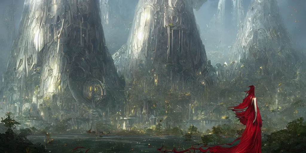 Prompt: shiny metal towering futuristic individual giant shapes clean surface beautiful landscape shiny gold silver mirrors chrome metal forest red and green leaves made of metal rivers ancient greek castles, buildings architecture by greg rutkowski and peter mohrbacher and raphael lacoste, complex swirling accents, clearly visible, clean air