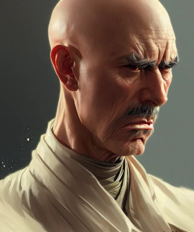 Image similar to a very angry bald general, portrait, intricate, elegant, highly detailed, digital painting, artstation, concept art, smooth, sharp focus, illustration, art by artgerm and greg rutkowski and alphonse mucha