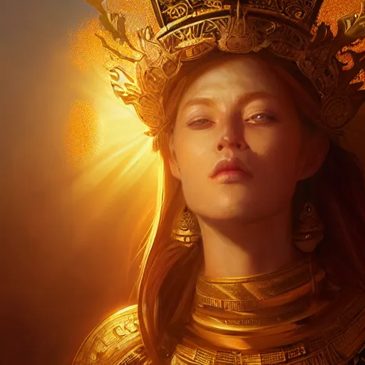 Prompt: a beautiful portrait of a sun goddess with a golden crown, sunlight beams, god rays, volumetric lighting, detailed, greg rutkowski, 8 k