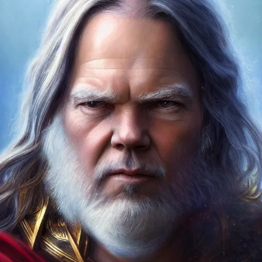Image similar to glorious full head portrait of Neil Young as Thor, fantasy, intricate, elegant, digital painting, trending on artstation, concept art, sharp focus, illustration by Gaston Bussiere and artgerm, 4k.