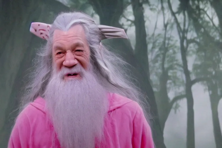 Image similar to portrait of Gandalf wearing pink Hello kitty costume, smiling warmly, sunrise, movie still from Lord of the Rings, cinematic