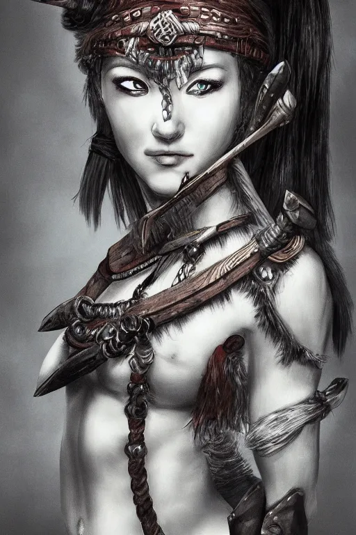 Image similar to portrait of a barbarian female, ultra sharp, very detailed, high quality focus by popularity choi