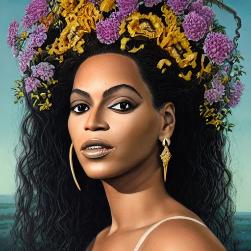 Image similar to facial portrait of Beyonce as a young pretty woman in flowing dress, arrogant, mysterious, long fine flowing hair, delicate, looking at camera, slightly awkward smile, realistic face, no hands visible, intricate, stylish, elegant, grimdark fantasy, flowers, extremely detailed painting by Martine Johanna and Ernst Haeckel and Greg Rutkowski