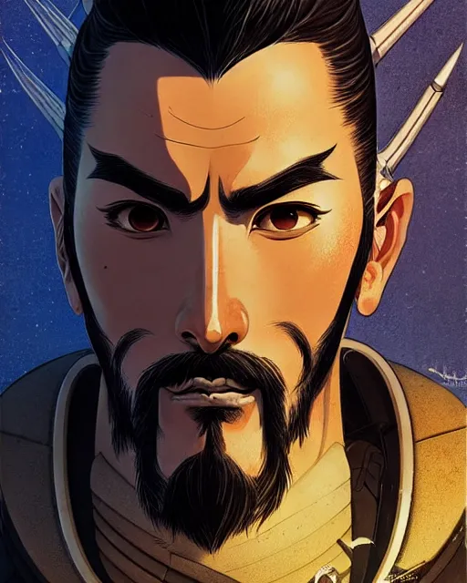 Image similar to hanzo from overwatch, character portrait, portrait, close up, concept art, intricate details, highly detailed, vintage sci - fi poster, retro future, vintage sci - fi art, in the style of chris foss, rodger dean, moebius, michael whelan, katsuhiro otomo, and gustave dore