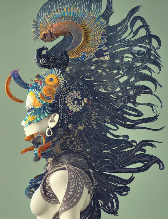 Image similar to 3 d goddess close - up profile solarpunk portrait ram skull. beautiful intricately detailed japanese crow kitsune mask and clasical japanese kimono. betta fish, jellyfish phoenix, bio luminescent, plasma, ice, water, wind, creature, artwork by tooth wu and wlop and beeple and greg rutkowski