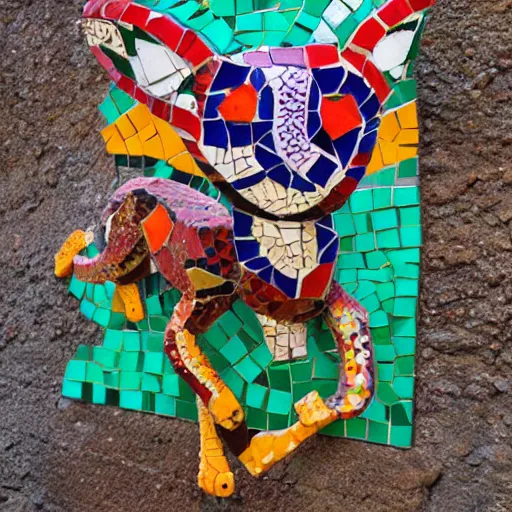 Image similar to mosaic sculpture of a alebrije chimera!!!, irregularly shaped mosaic tiles, recycled pottery shards, in the style of folk art, in a cottagecore flower garden