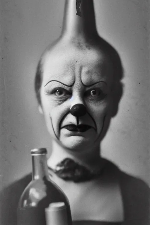 Image similar to old realistic photo of face of a female sad and tired clown, clown is holdind wine bottle, photograph, early 1 9 0 0's, black and whitehighly detailed, matte, sharp focus, smooth, sharp focus, illustration