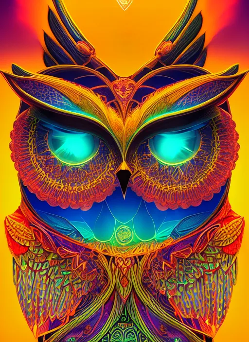 Image similar to symmetry!! product render poster vivid colors divine proportion owl, 神 圣, glowing fog intricate, elegant, highly detailed, digital painting, artstation, concept art, smooth, sharp focus, illustration,