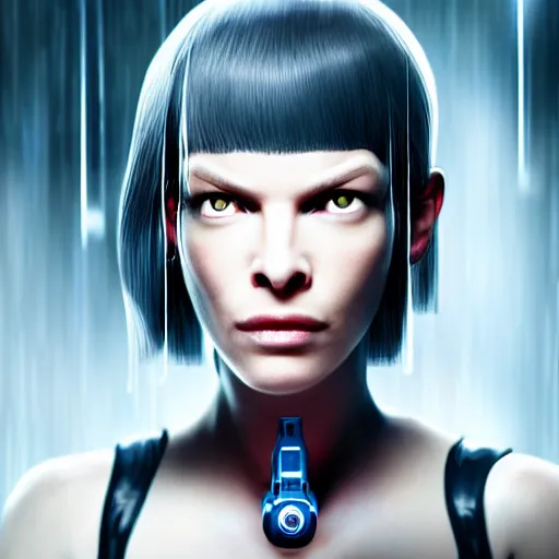 Image similar to Cyborg girl with style of Ghost in the Shell protagonized by Mila Jovovich, human face, robotic body, smooth skin, wires, realistic, VFX, 4k