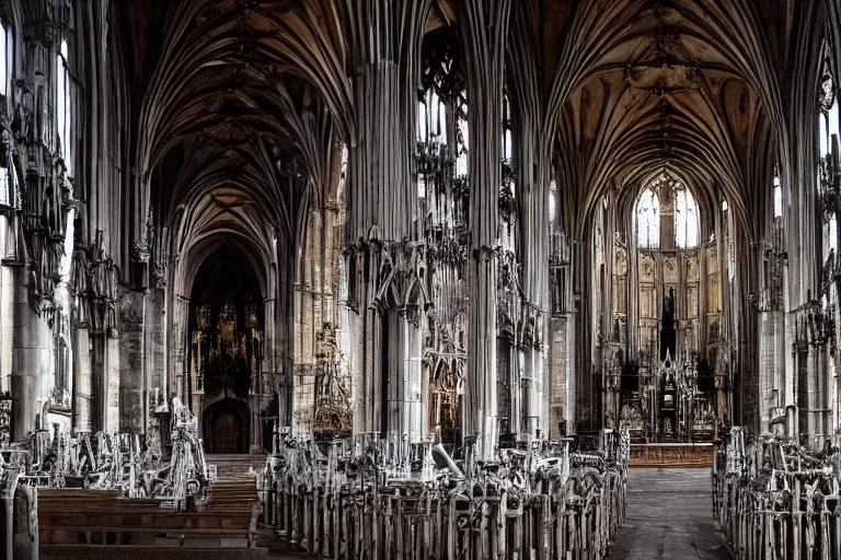 Prompt: a wide angle shot of a cathedral interior made of bones in the style of sedlec ossuary,