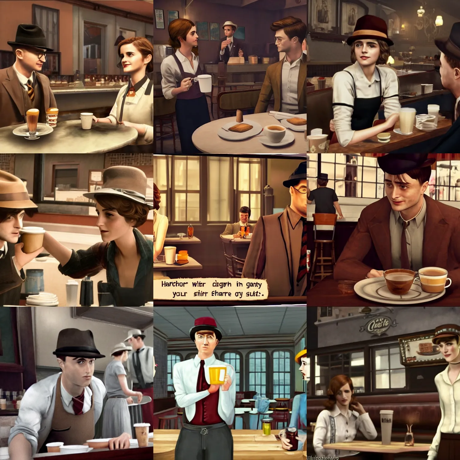 Prompt: daniel radcliffe as visitor in hat and shirt drink coffee, emma watson as waitress on background, screen short from mafia 2, game screenshot, 1 9 3 0 style, diner caffee