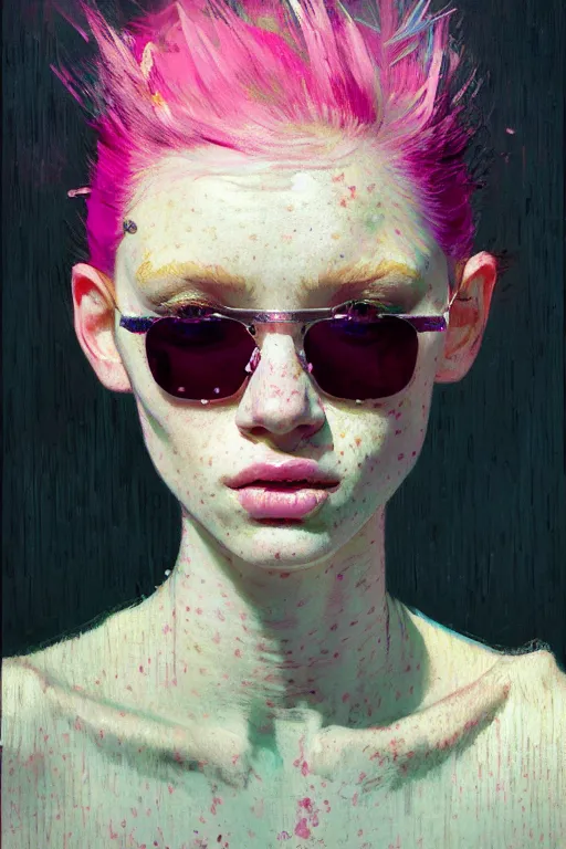 Prompt: portrait of a beautiful girl, albino, lots of freckles, nose piercing, shades of pink, beautiful face, rule of thirds, intricate outfit, spotlight, by greg rutkowski, by jeremy mann, by francoise nielly, by van gogh, digital painting