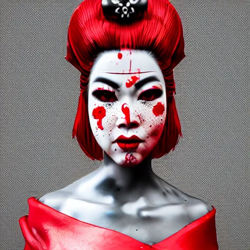 Prompt: bloody geisha warrior ornated armor war paint, detailed, jewelry, sakura,photograph, award wining, red and white, trending on artstation, punk attitude, 4k, unreal engine 5, octane render, neon highlights