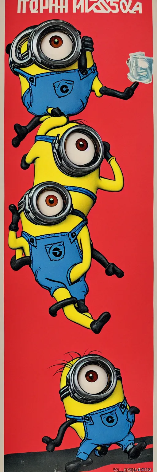 Image similar to Minion on old Soviet poster, high quality, warm colours, red colours