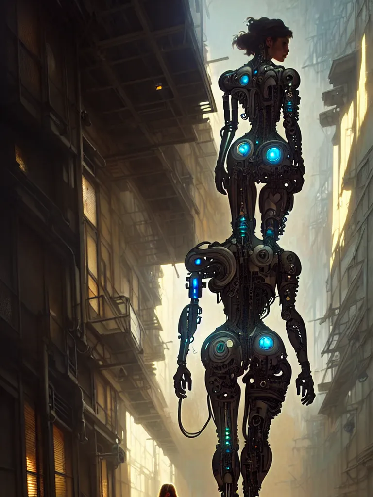 Image similar to ultra realistic, beautiful female cyborg walking down an alley in a megalopolis, sci-fi, intricate details, eerie, highly detailed, octane render, 8k, art by artgerm and alphonse mucha and greg rutkowski